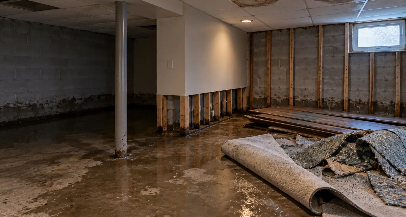 A finished basement stripped back after a flood: drywall cut away above the water line, carpet and padding pulled up