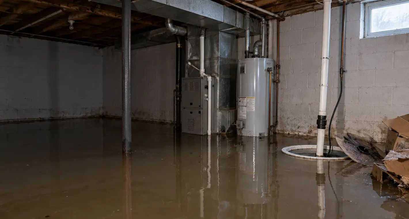 Standing water across the floor of a Michigan basement after the sump pump stopped, furnace and water heater half submerged