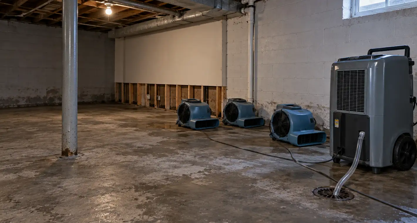 Air movers and a dehumidifier running on the bare slab of a basement during structural drying, condensate hose run to the floor drain