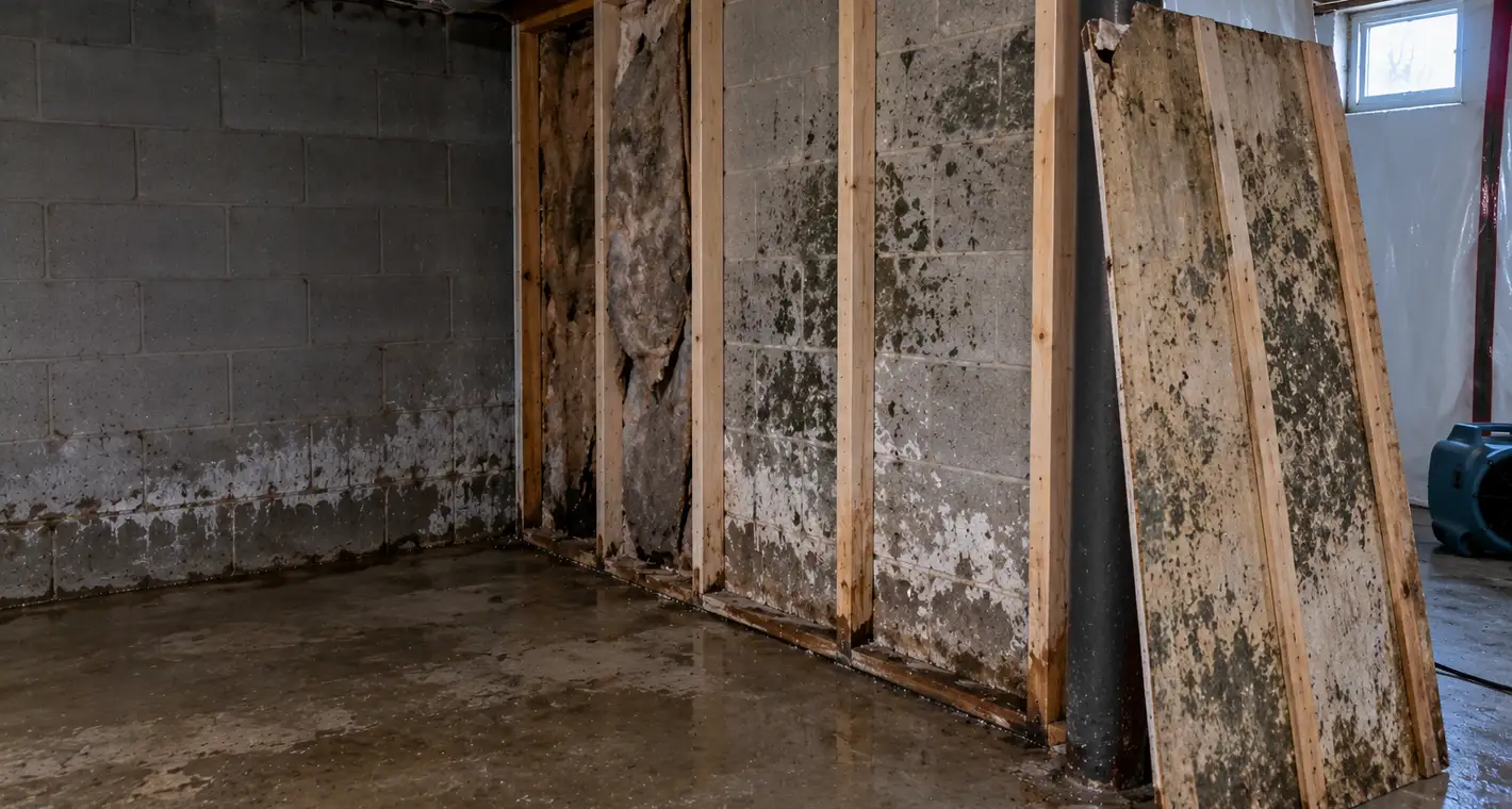 Mold on the back of basement paneling that has been removed, and on the block wall and wet insulation behind it