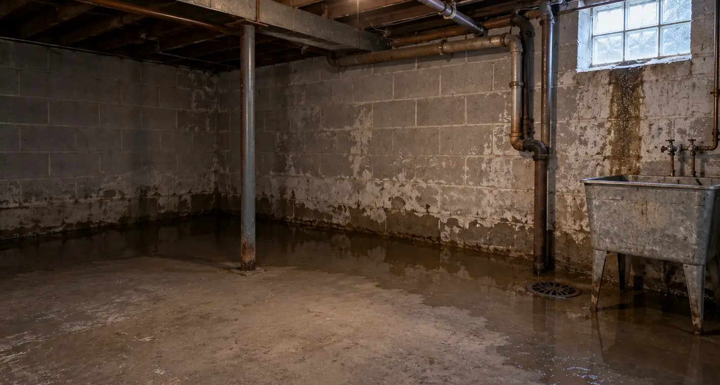 Groundwater seeping in along the joint where a block basement wall meets the floor in an older Michigan home