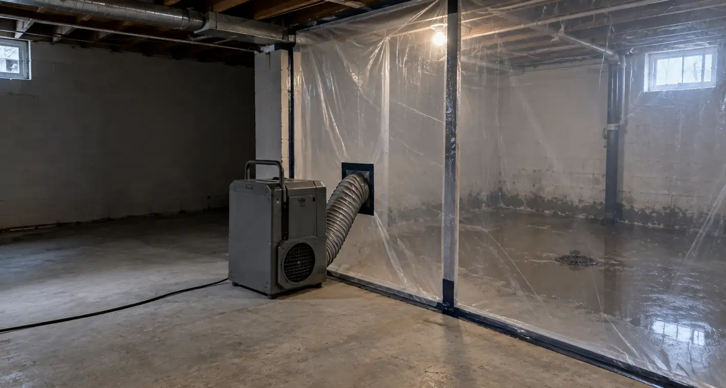 Containment sheeting sealing off the wet half of a basement after a sewer backup, negative air ducted through a taped port